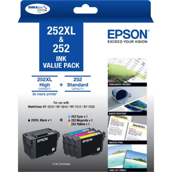 Bundle: Genuine Epson 252Xl Black And 252 C/M/Y Colour Ink Cartridges Value Pack [ C13T253696]