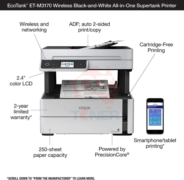 *Clear* Epson Ecotank Et-M3170 Wireless Monochrome 4-In-1 Supertank Multifunction Printer *Rfb*