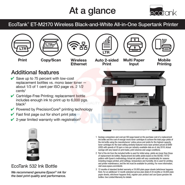 Epson Ecotank Et-M2170 A4 Mono Multifunction Inkjet Mfp Printer (P/N:c11Ch43501) Multi Function