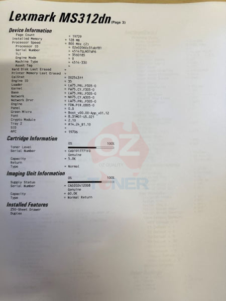 *Ex-Demo* Lexmark Ms312Dn A4 Mono Laser Duplex Printer + Parallel Port + Extra Tray Printer Single