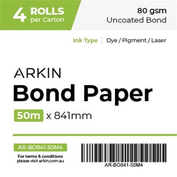 Genuine Arkin A0 80Gsm Large Format Printer Bond Paper - 841Mm X 50M (4 Rolls)