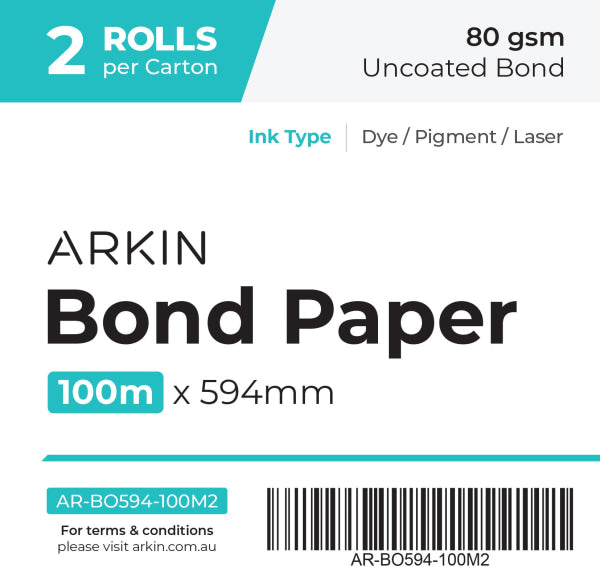 Genuine Arkin A1 Bond Paper 80Gsm - 594Mm X 100M (2 Rolls) [Chbo80594100]