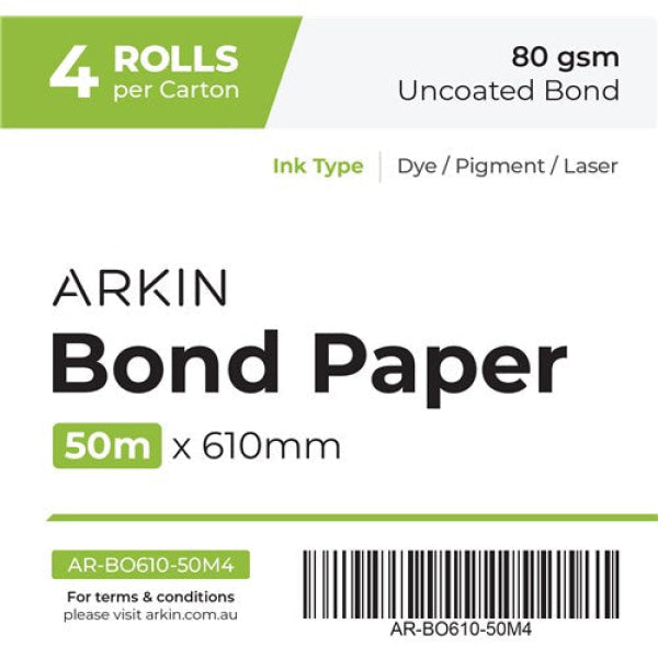 Genuine Arkin A1 Large Format Printer Bond Paper 80Gsm - 610Mm X 50M (4 Rolls) [Chbo8061050]