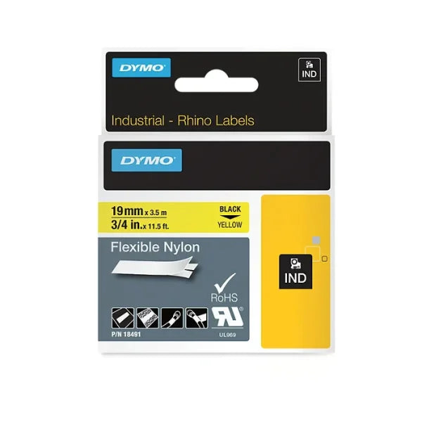 Genuine Dymo Rhino Industrial Flexible Nylon Tape Label Black-On-Yellow 19Mm [18491]