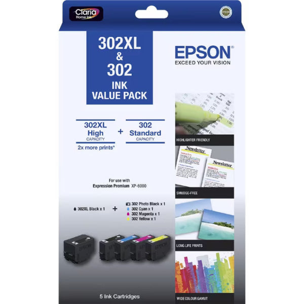 Genuine Epson #302Xl-Bk + #302-C/M/Y/Pbk X5 Ink Set Value Pack For Expression Premium Xp6000 Xp6100