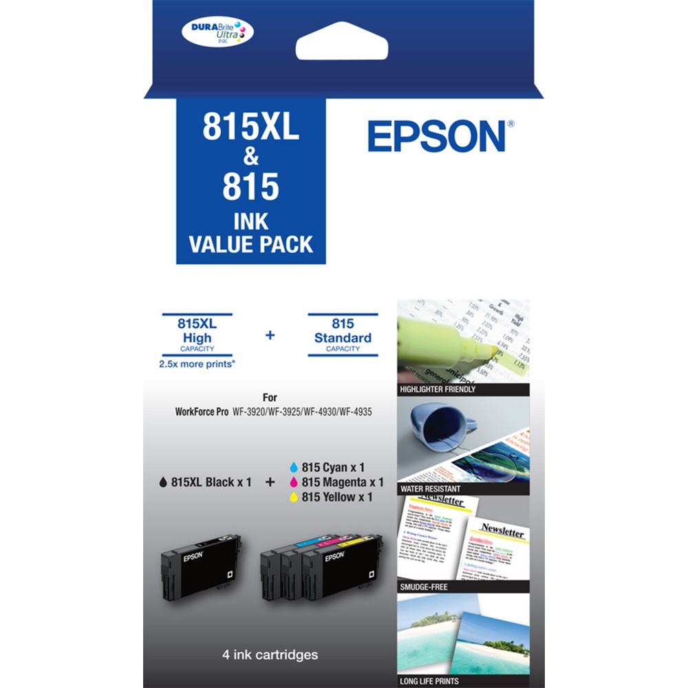 Genuine Epson 815XL Black and 815 Cyan Magenta Yellow Ink Value Pack 4 Pack
