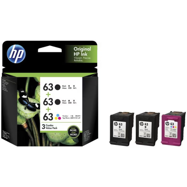 Genuine Hp #63 Black & Colour Ink Cartridges 3X Pack Value Bundle [F6U62Aa + F6U61Aa] Cartridge -