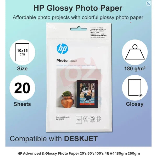 Genuine Hp Photo 10X15Cm (4R) 20X Sheets Fsc Glossy Paper 180Gsm [9Rr53A]