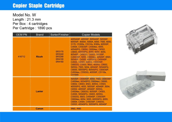 Genuine Ricoh/Lanier 416712 Staple Refill (Type W) For Mpc4503 & Mpc5503 8K Yield [Box Of 4]