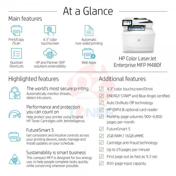 Hp Color Laserjet Enterprise Mfp M480F Laser Multifunction Printer + 3-Year Nbd Wty [3Qa55A-U11F6E]