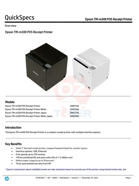 Epson Tm-M30Ii-211 Bluetooth/Usb Thermal Receipt Printer White [C31Cj27211] Receipt Printer