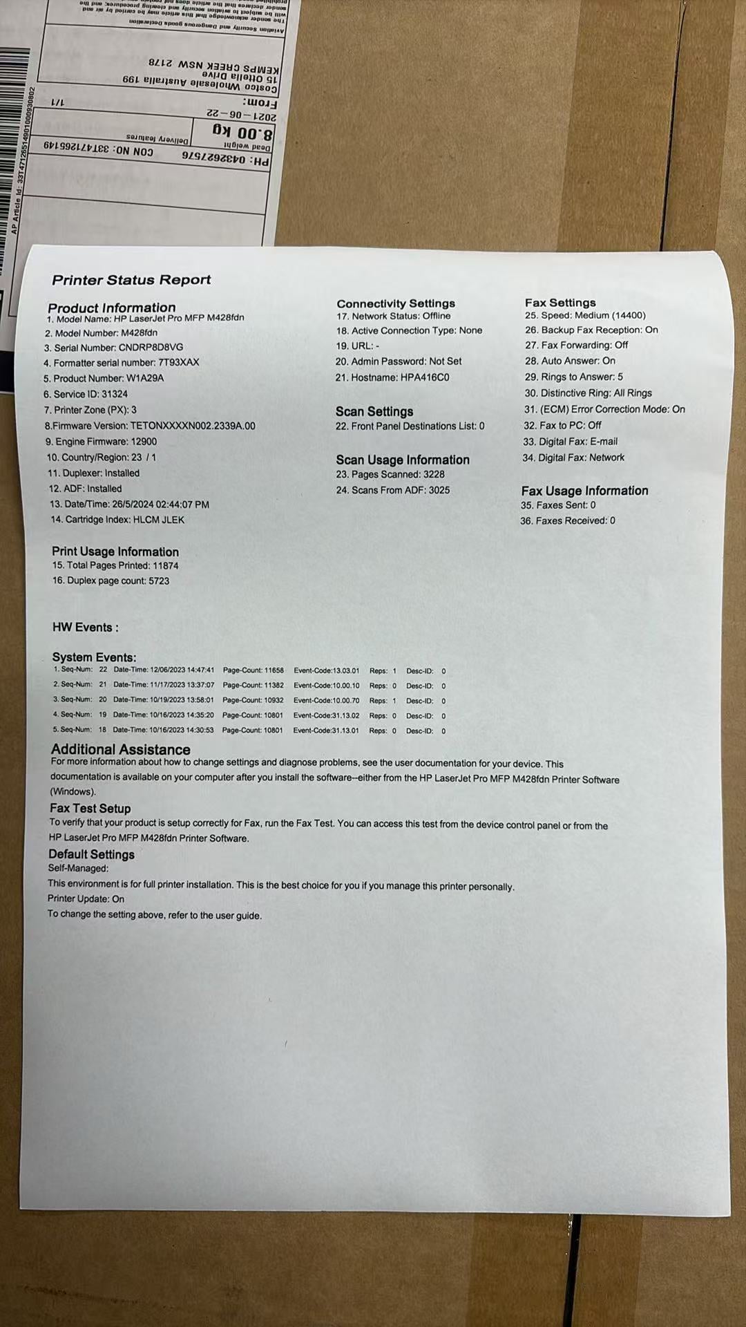 HP LaserJet Pro MFP M428fdn refurbished ex-leasing unit printer status report - 11874 pages