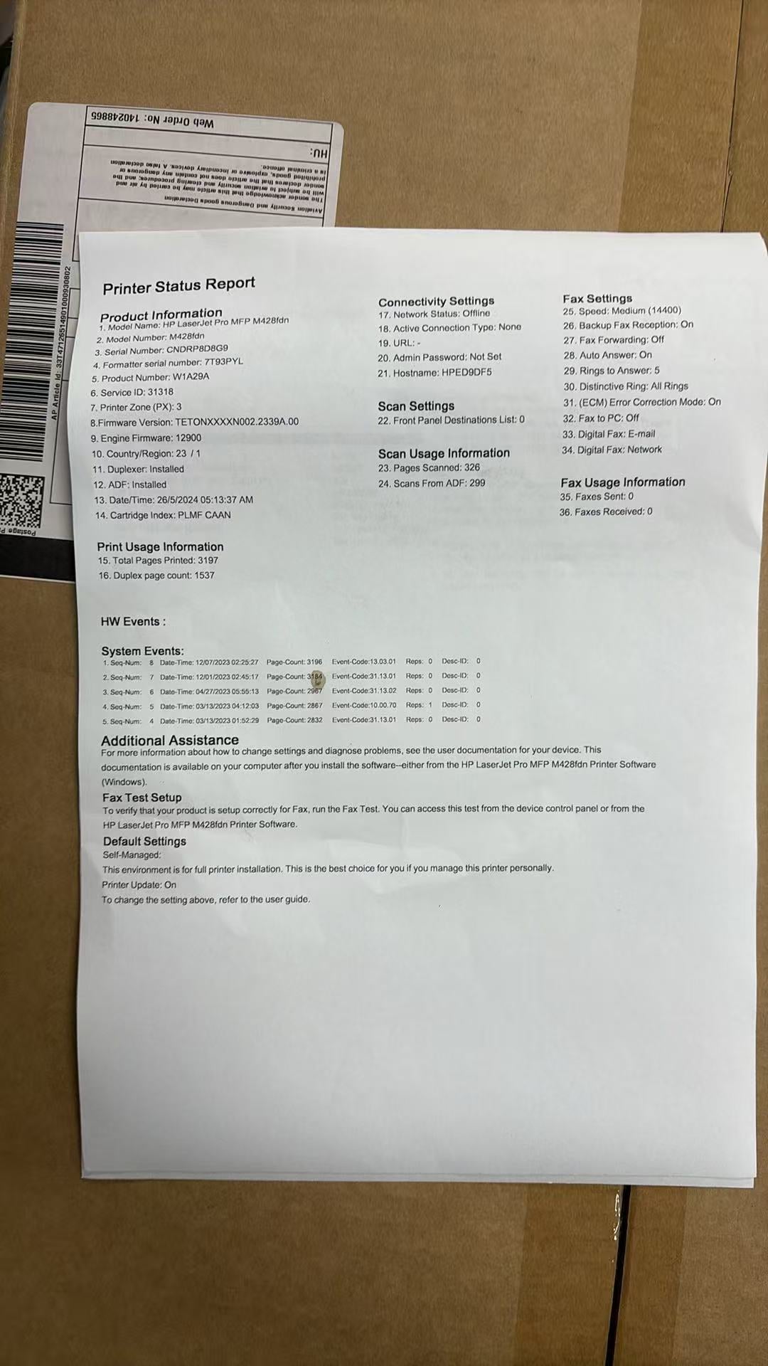 HP LaserJet Pro MFP M428fdn refurbished ex-leasing unit printer status report - 3197 pages