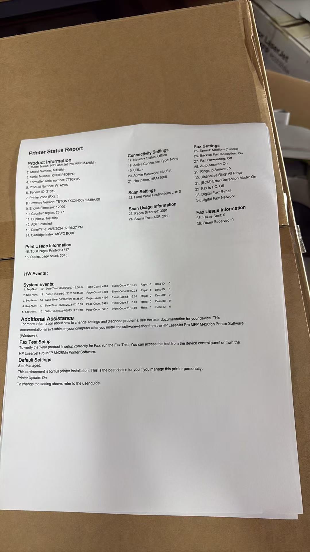 HP LaserJet Pro MFP M428fdn refurbished ex-leasing unit printer status report - 4717 pages