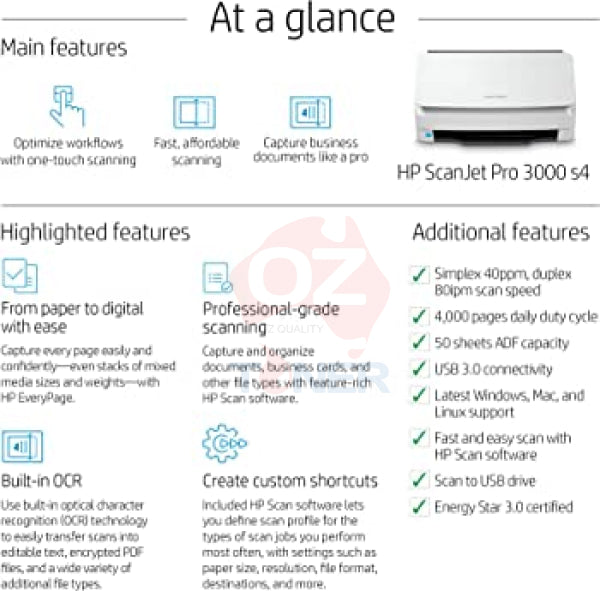 Hp Scanjet Pro 3000 S4 Sheet-Fed Document Scanner [6Fw07A]