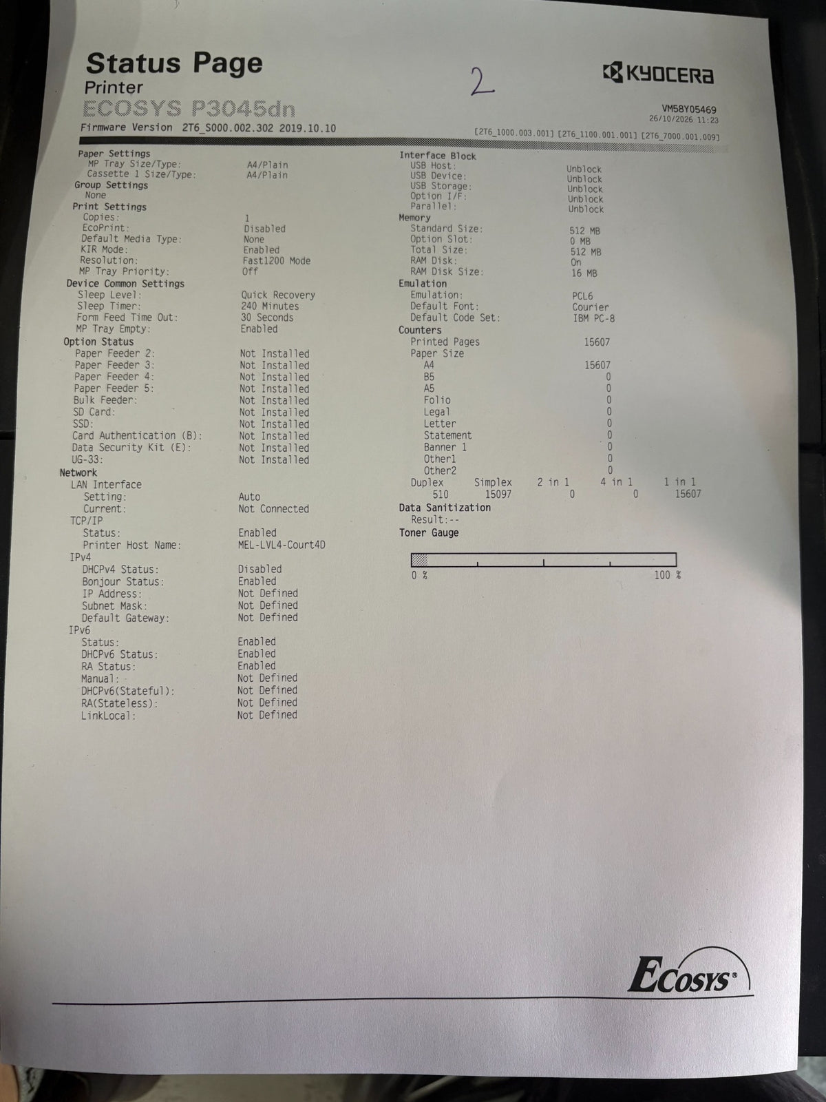 Kyocera ECOSYS P3045dn Unit 2 status page: 15,607 pages, serial VM58Y05469, C Grade, estimated toner 5%
