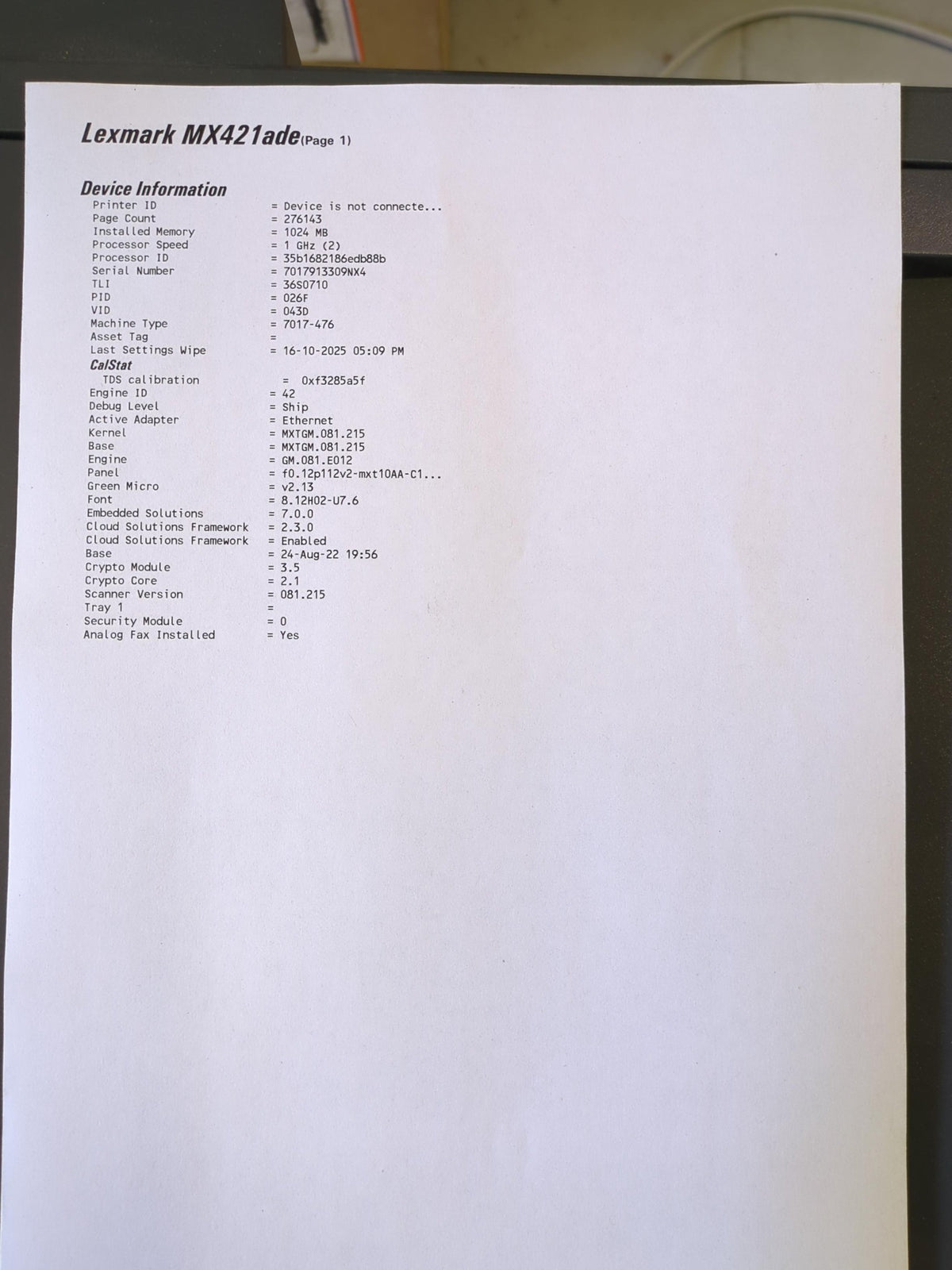 Used Lexmark MX421ade 276,143 page unit - device information page