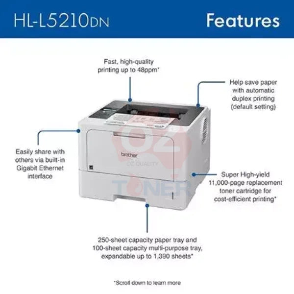 *New!* Brother Hl-L5210Dn High Speed Mono Laser Network Printer + Duplexer 48Ppm Tn3605 Printer
