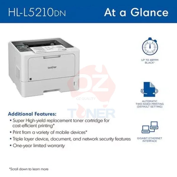 *New!* Brother Hl-L5210Dn High Speed Mono Laser Network Printer + Duplexer 48Ppm Tn3605 Printer