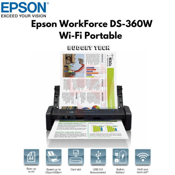 Epson Workforce Ds-360W A4 Wireless Document Scanner Duplex B11B242501 Ds360W