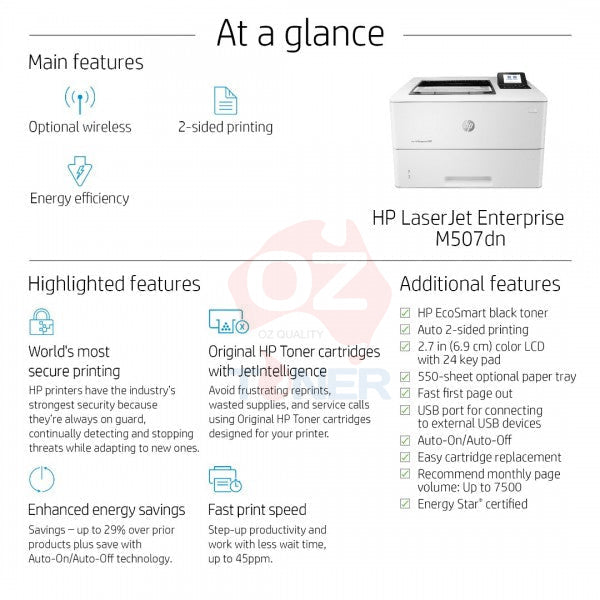 Hp Laserjet Enterprise M507Dn A4 Mono Laser Network Printer+Duplexer 45Ppm [1Pv87A] Printer Single