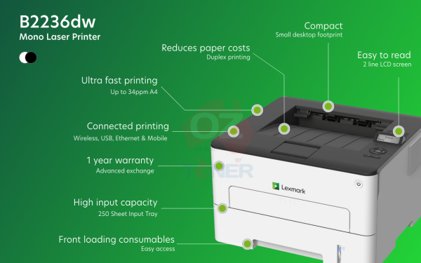 Lexmark Goline B2236Dw A4 Single Function Mono Laser Printer+Wi-Fi 34Ppm P/N:18M0135 Printer