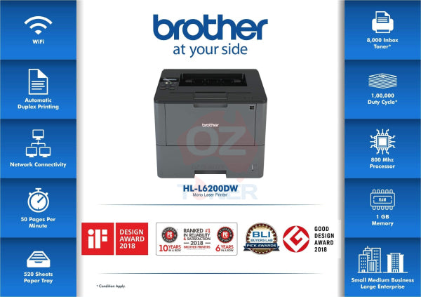 Brother Hl-L6200Dw A4 High Speed Wireless Mono Laser Printer+Duplexer [Hll6200Dw] Printer Single