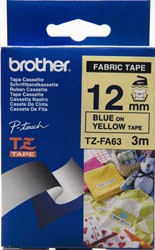 Genuine Brother TZe-FA63 12mm Blue on Yellow Fabric Tape Non Laminated Tape 3 metres
